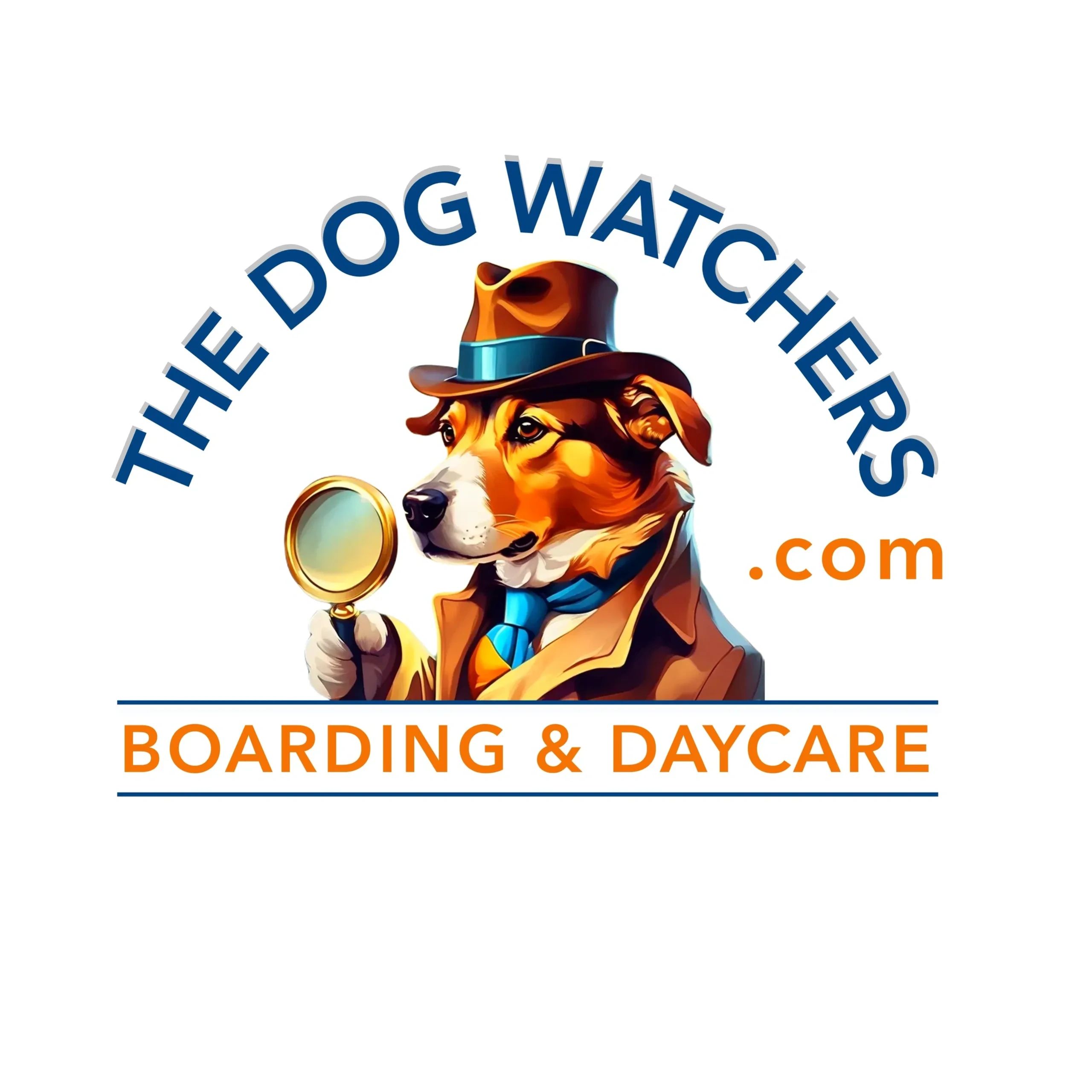Logo featuring a dog detective for dog boarding and daycare services.