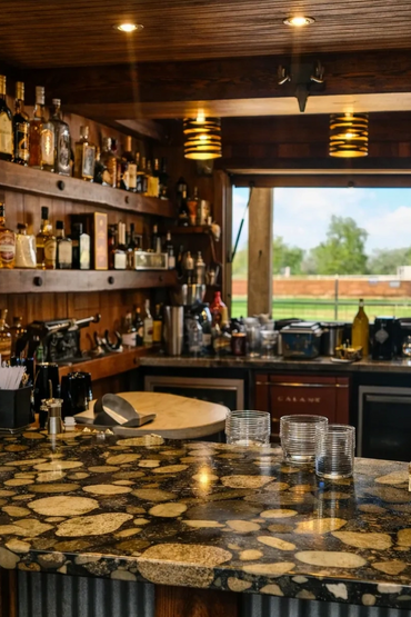 a bar with cups and liquor bottles