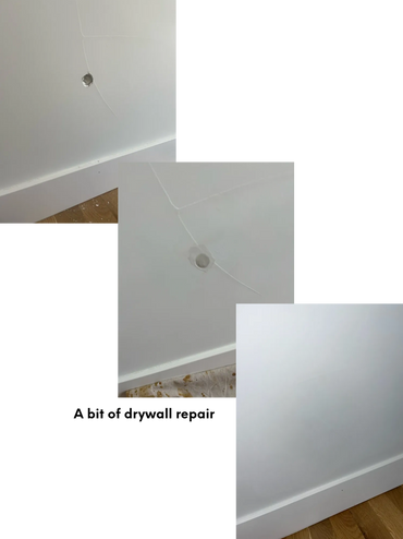 Drywall repair where a chair leg slipped through the wall.