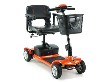 Orange mobility scooter with black seat and front basket.