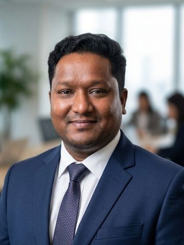 Professional man in a suit smiling in an office setting.