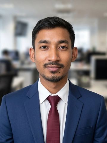 Professional young man in a suit and tie in an office setting.