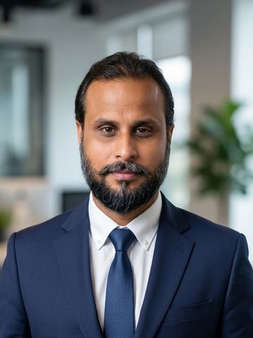 Professional man in a navy suit and tie with a beard, posing indoors.