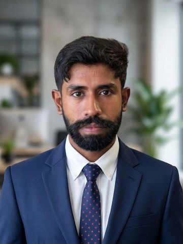 Portrait of a serious man in a blue suit and tie.