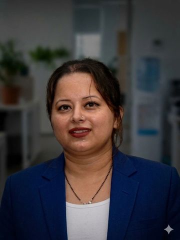 Professional woman wearing a blue blazer and white top, smiling gently.