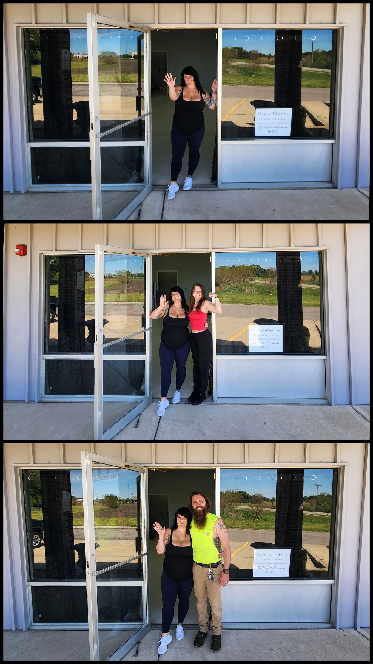 Three photos show a woman greeting others outside a storefront.