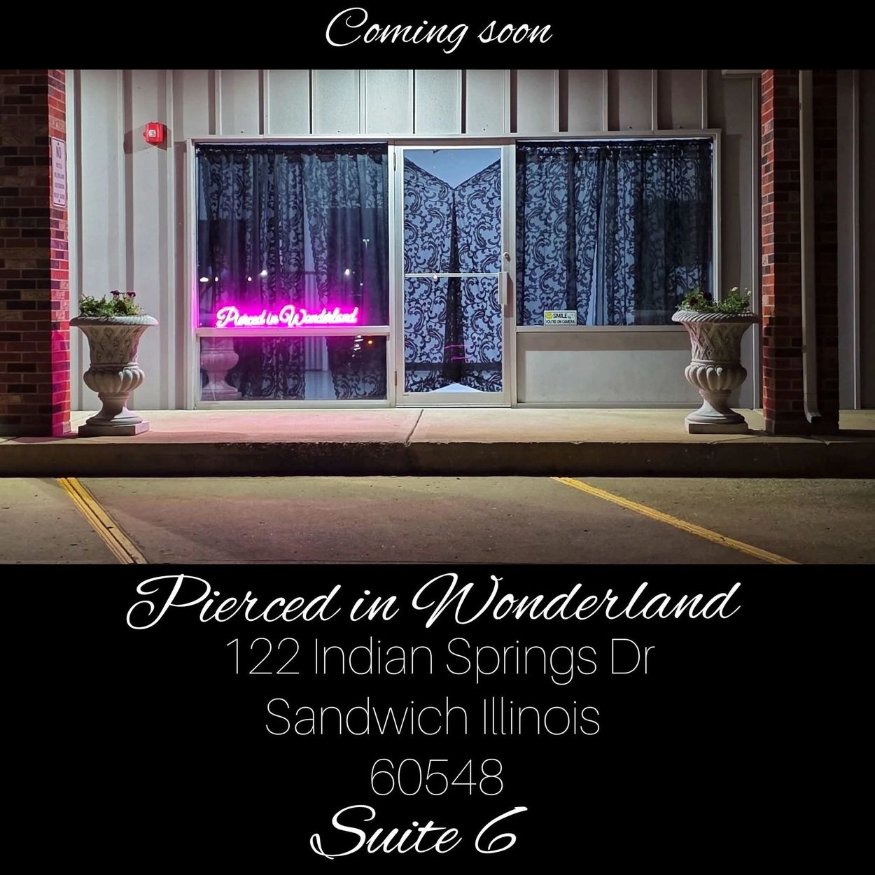 Storefront with neon sign reading 'Pierced in Wonderland,' announcing a new location opening soon.