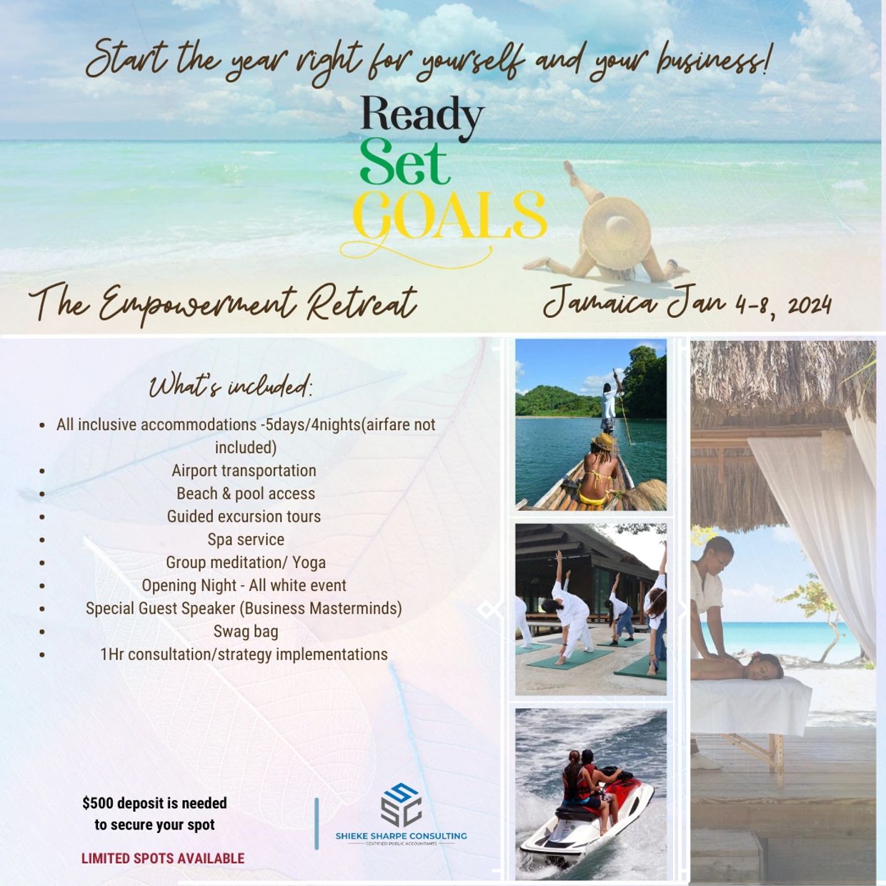 Empowerment retreat in Jamaica with goals, yoga, spa, and excursions, Jan 4-8, 2024.