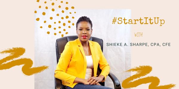 Professional woman in yellow blazer promoting #StartItUp with Shieke A. Sharpe, CPA, CFE.