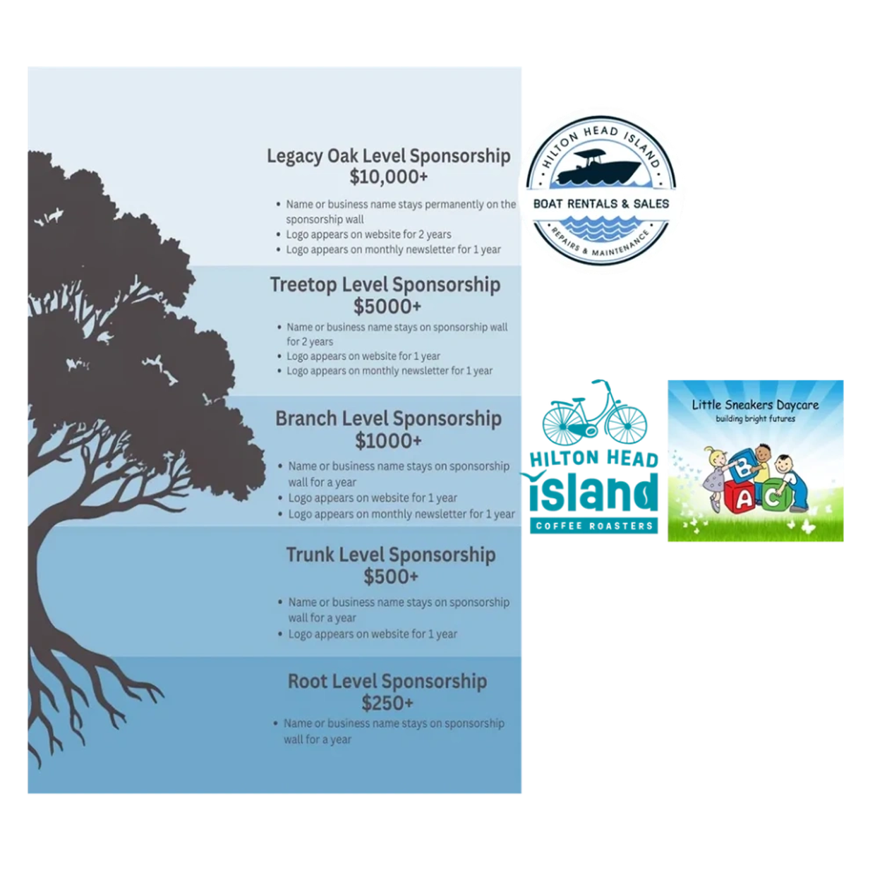 Sponsorship levels for Legacy Oak with benefits for each tier.