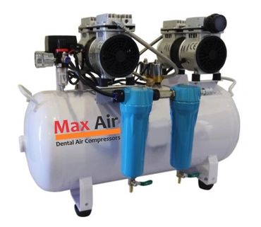 A Max Air dental air compressor with dual motors and blue filters on a white tank.