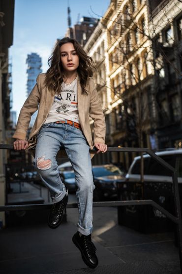 Teen model hanging out in Soho, NYC. Rocking blazer with t-shirt and faded jeans