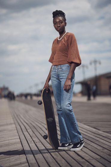 Emilee, skateboard, teen model, black Latino model, braids, Coney Island Broadwalk