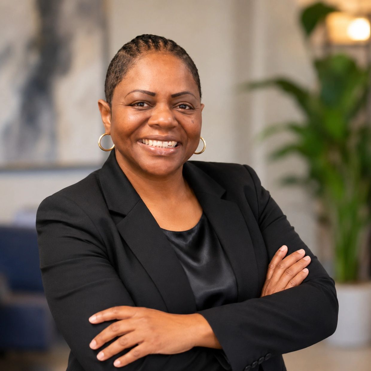 Confident woman smiling with arms crossed.