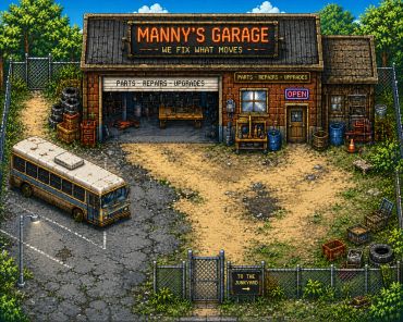 A pixel-art style garage named Manny's Garage with an old bus outside.
