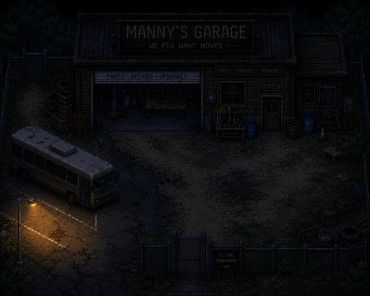 Dark garage scene with a parked bus under a streetlight.