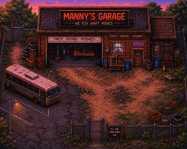 Pixel art of Manny's Garage at sunset with a bus parked outside.