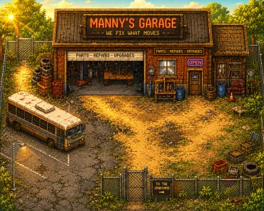 Vintage garage with a bus and repair signs.