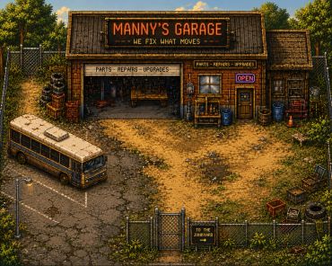 Retro pixel art of Manny's Garage with a bus and fence.