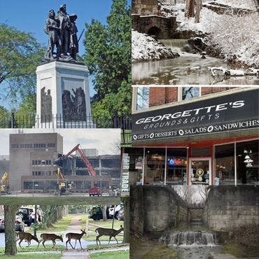 Collage of monuments, nature scenes, urban demolition, and a café storefront.