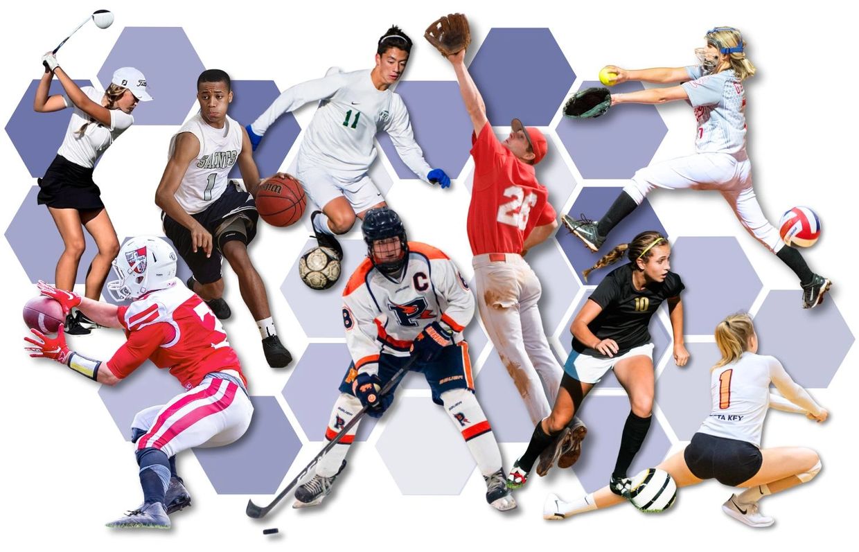 Collage of athletes from various sports in action poses against a hexagonal backdrop.