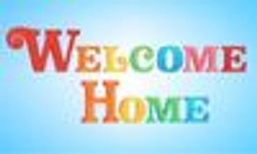 Colorful 'Welcome Home' text against a light blue background.