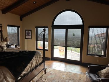 Roller shades in bedroom, Orange County