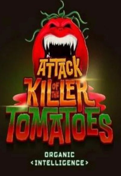 Horror-themed logo of 'Attack of the Killer Tomatoes' with a menacing tomato and bold text.