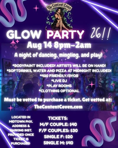 Glow party invitation on August 14 from 8pm to 2am.