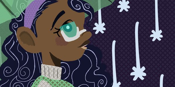 Illustration of a thoughtful girl with teal eyes and curly hair.