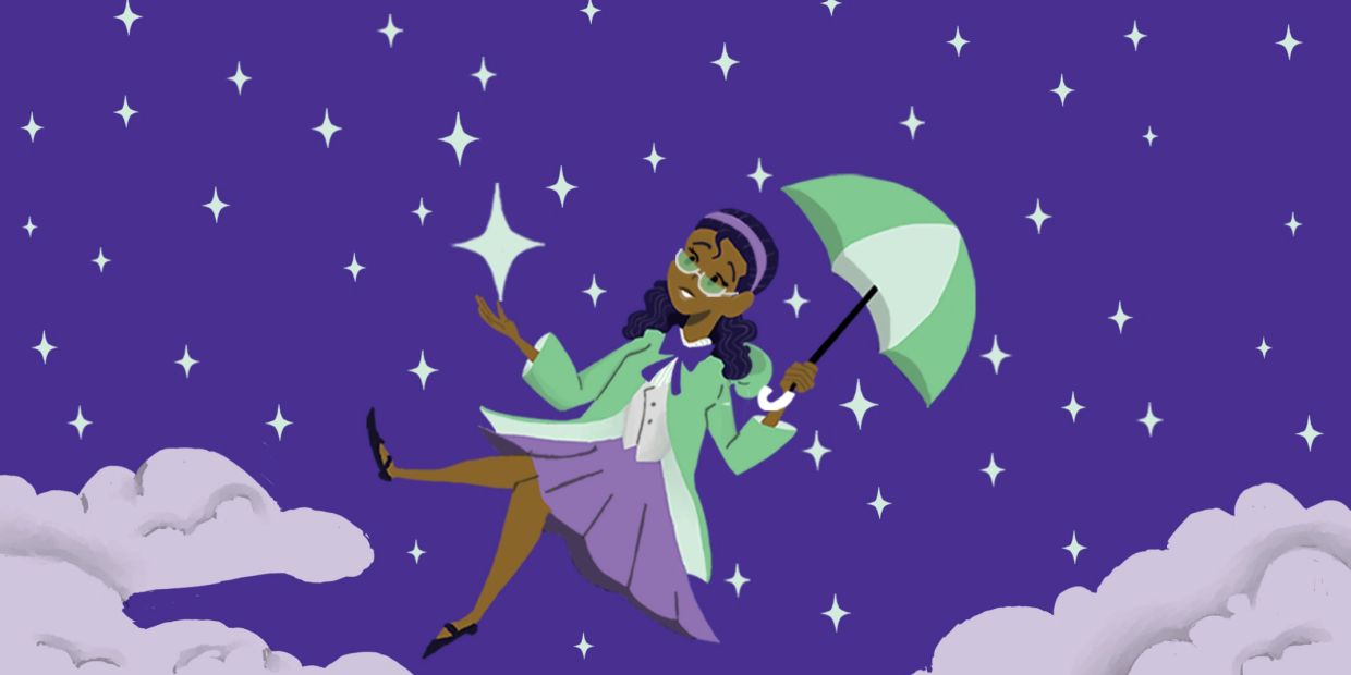 A woman floats in a starry sky holding a green umbrella.