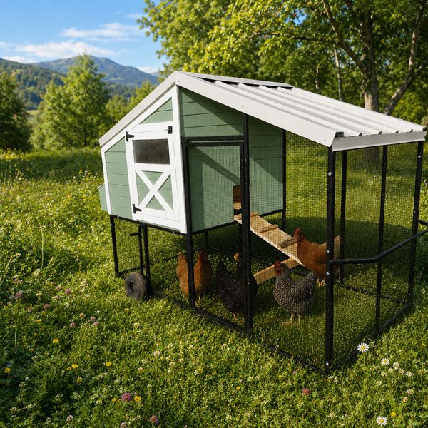 Chicken coop with chickens in a grassy outdoor area.