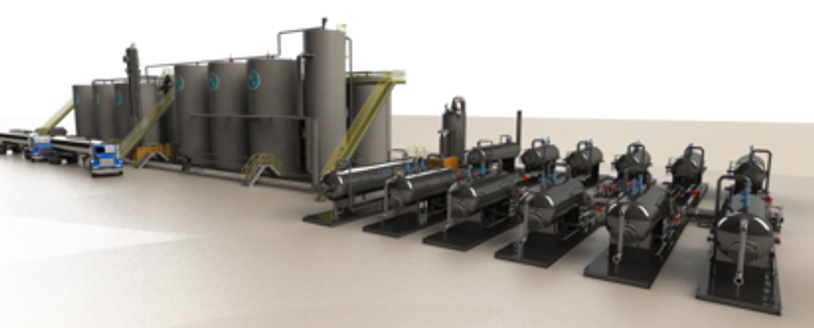 3D render of an industrial facility with multiple large vessels and tanks.