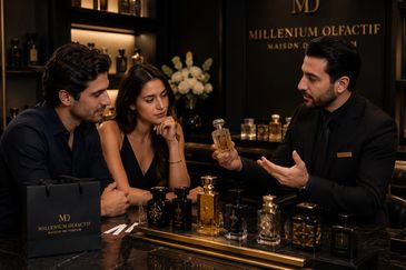 Couple exploring luxury perfumes with expert assistance at a boutique.