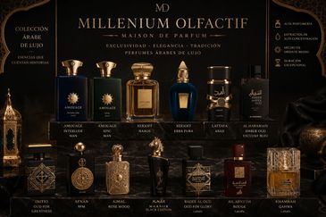 Luxury Arabian perfumes displayed elegantly in ornate bottles with gold and dark tones.