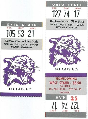 Two vintage 1980 Ohio State vs Northwestern football tickets with wildcat mascots.
