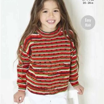 A girl wearing a colorful sweater made with Footsie 4py yarn from King Cole.