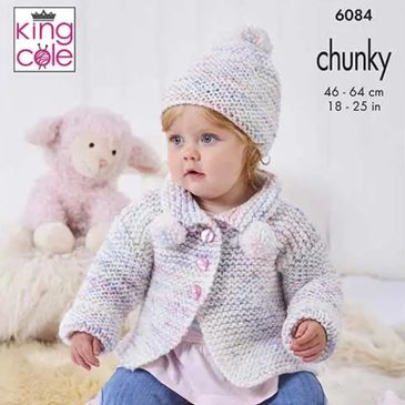 A toddler wearing a sweater knit out of Bumble Chunky from King Cole Yarn. Pattern 6084.