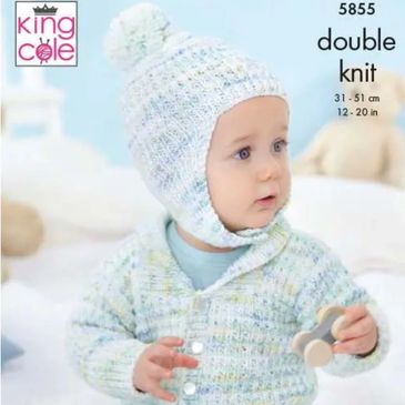 A baby wearing a hat and sweater knit with Little Treasures from King Cole Yarn.