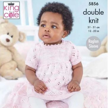 A baby wearing a sweater knit out of Little Treasures from King Cole Yarn.