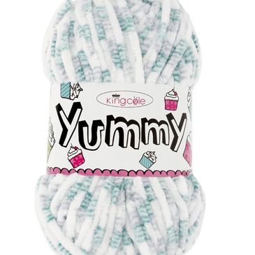 A multi colored pull skein of Yummy yarn from King Cole.