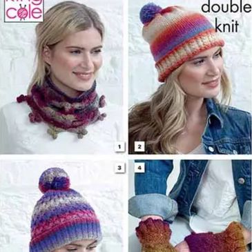 King Cole Pattern 5150 showing several hats knit out of Riot DK Yarn,.