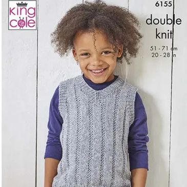 A hand knit vest for youths made with Simply Denim yarn from King Cole.