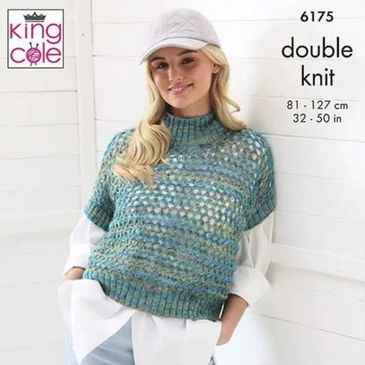 A woman wearing a green sweater knit out of King Cole yarn called Homespun Prism DK.