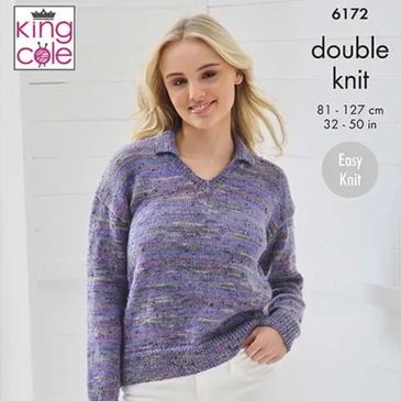 A woman wearing a sweater knit out of Homespun Prism from King Cole Yarn.
