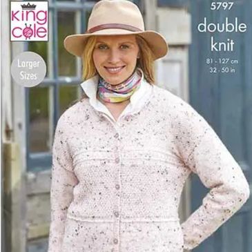 A woman wearing a sweater knit out of Homespun DK from King Cole Yarn.