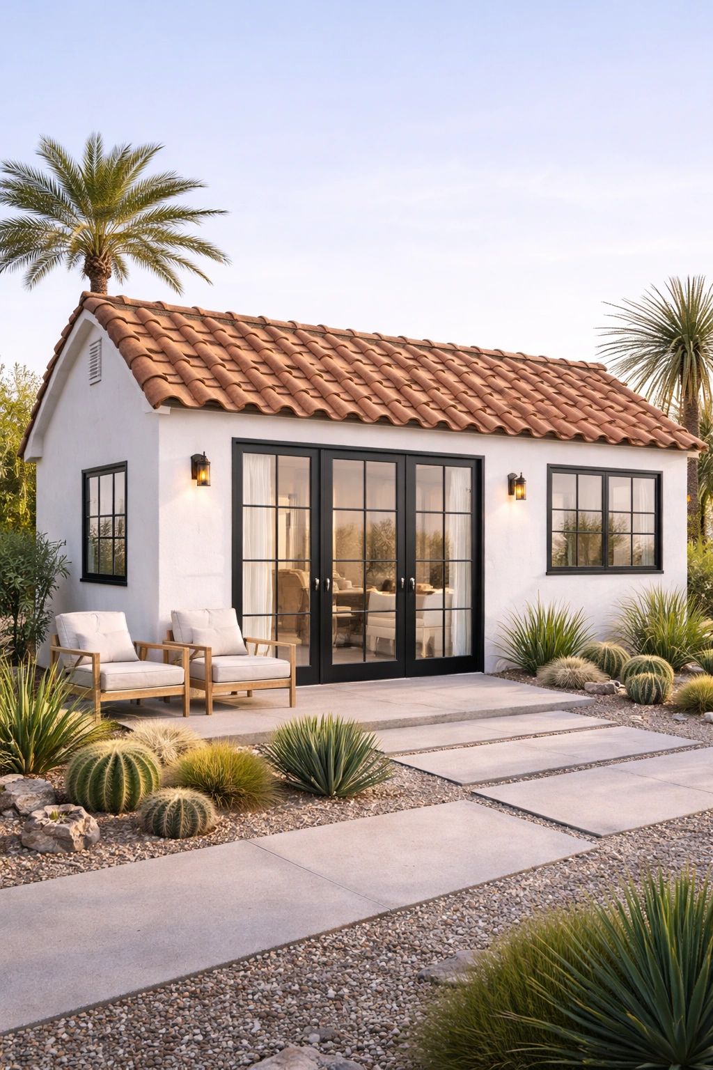 Small white house with terracotta roof and desert landscaping.