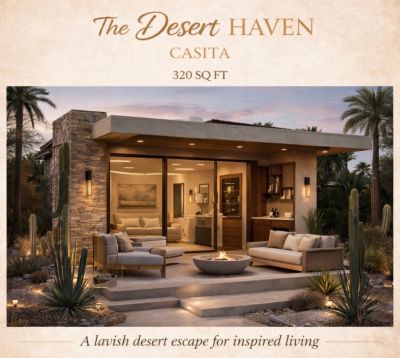 A modern 320 sq ft desert casita with cozy outdoor seating and warm lighting.