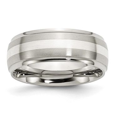 Chisel Stainless Steel Sterling Silver Inlay Brushed and Polished 8mm Ridged Edge Band