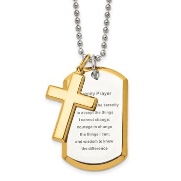 Chisel Stainless Steel Polished Yellow IP-plated 2 Piece Cross and Serenity Prayer Dog Tag on a 24 i
